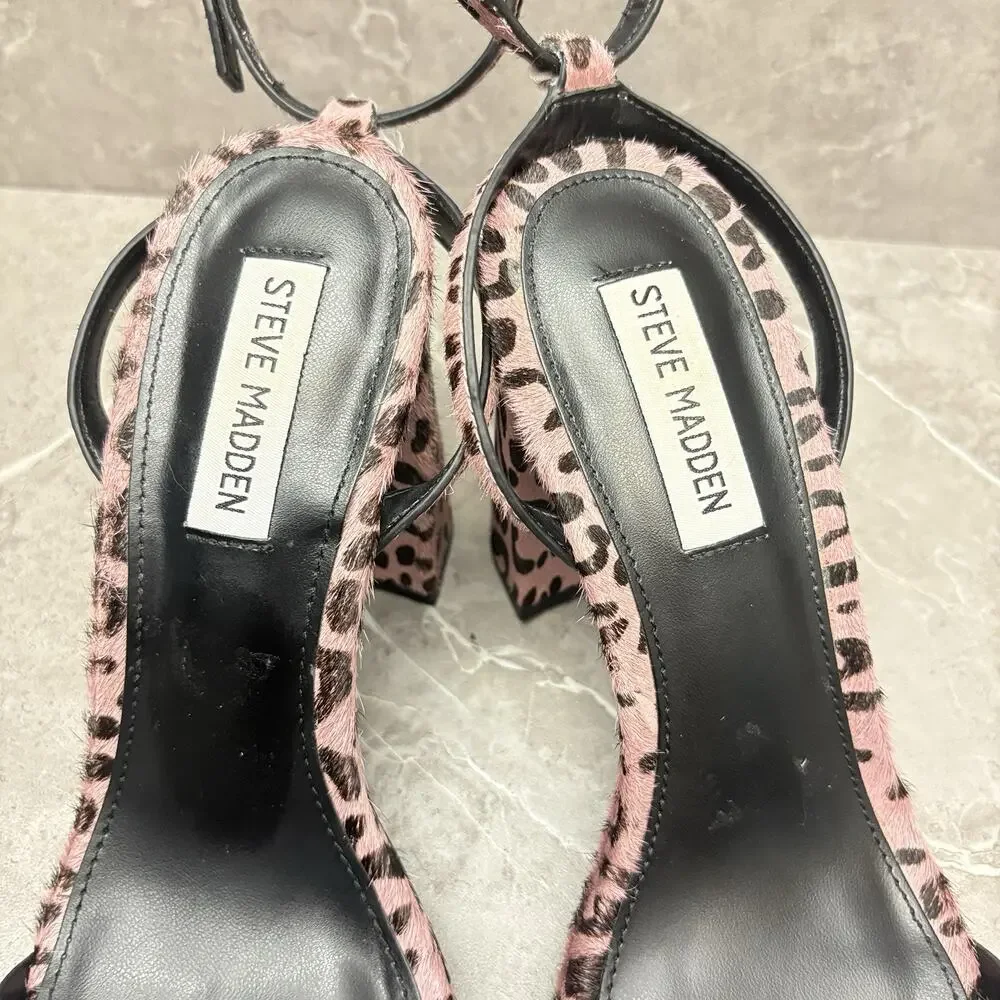 Steve Madden Pink Leopard Sandal Block Heel Sandal Y2K Barbiecore Glam Size 8.5M
